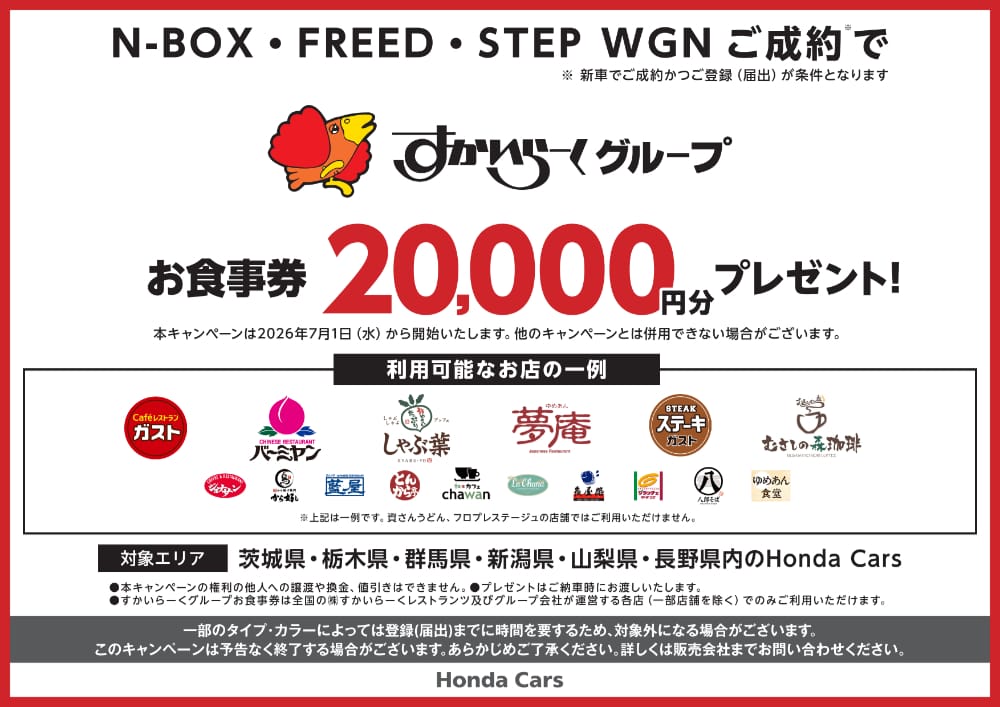 N-BOX�EFREED�ESTEP WGN�����񂩂o�^�i�͏o�j�ŁA��������[���O���[�v���H����20,000�~���v���[���g�I